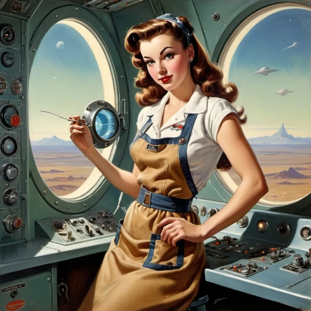 Prompt: Gil Elvgren.
An image of a 20-year-old female spaceship mechanic with a slender figure and long brown hair, wearing a small apron and repairing something on a control panel. in the background: large 
panoramic rectangular porthole with a view of space, futuristic control panels, greenish lighting. oil painting