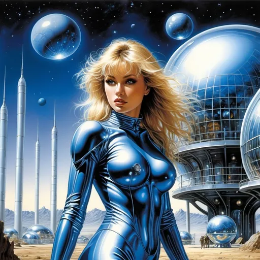 Prompt: Luis Royo, Hajime Sorayama.
A blonde woman in a steel, tight-fitting metallic blue space suit walks past the fantastic glass protective domes of the residential modules. alien landscape,   
Starlight Night.  high-quality illustration in fantasy style, 
perfect figure, open face, straight brown hair. in the background there is space, stars, planets, rocky landscape. Dramatic atmosphere. detailed masterpiece