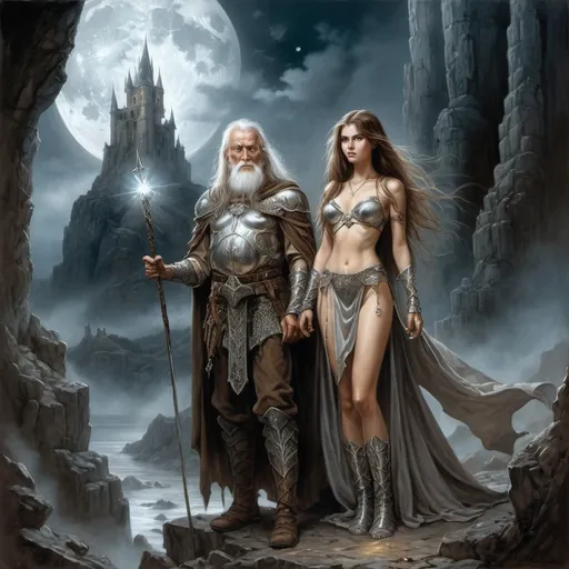 Prompt: image in the style of Luis Royo, Boris Vallejo.
Full-length image: a beautiful 18-year-old warrior girl with long brown hair, dressed in light chain mail, stands next to an elderly wizard dressed in a silver-embroidered cloak, holding a staff in her hand. in a rocky gorge next to the ruins of an elven castle.  the night sky illuminated by the moon peeking out from behind the clouds. fantasy art, dark, mysterious atmosphere.  detailed masterpiece.