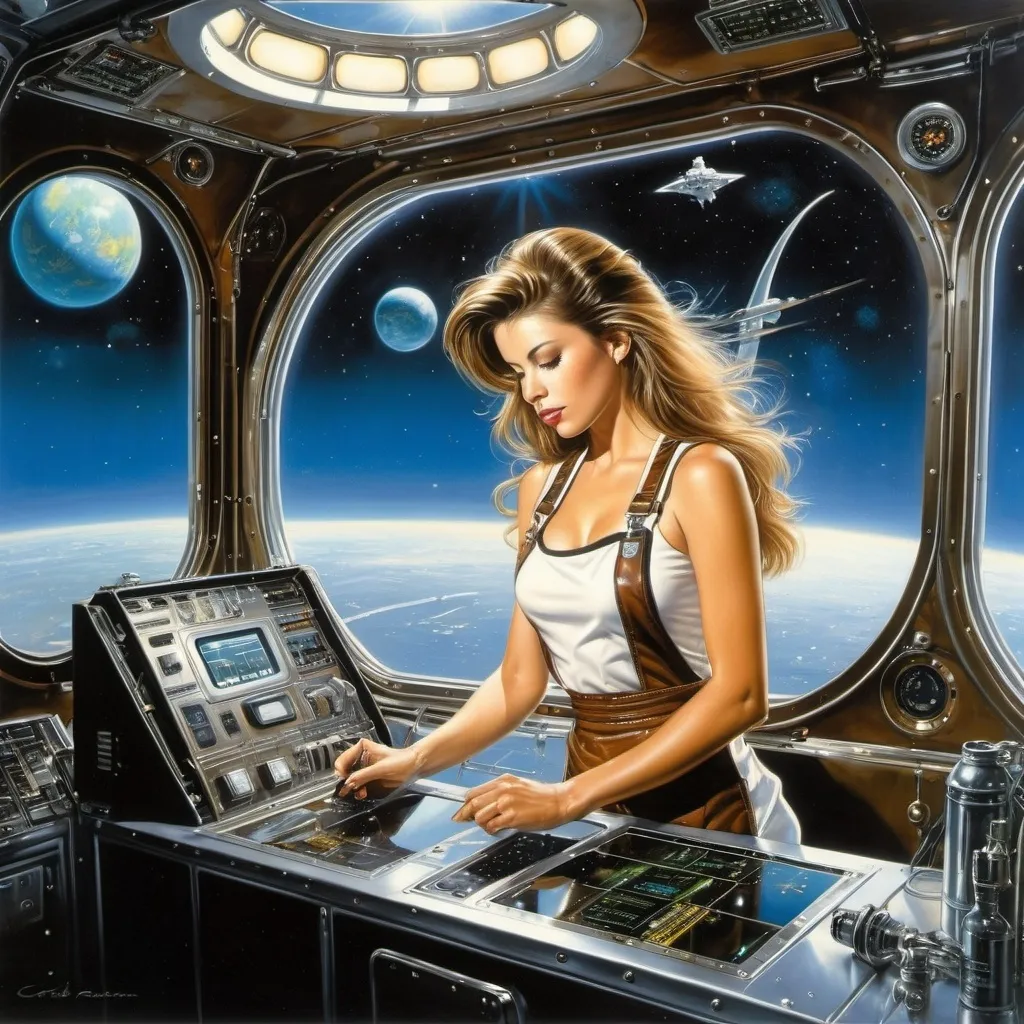 Prompt: Carol Buck, Hajime Sorayama, Luis Royo  .
An image of a 20-year-old female spaceship mechanic with a slender figure and long brown hair, wearing a canvas apron and repairing something on a control panel. in the background: large 
panoramic rectangular porthole with a view of space, futuristic control panels, greenish lighting. oil painting