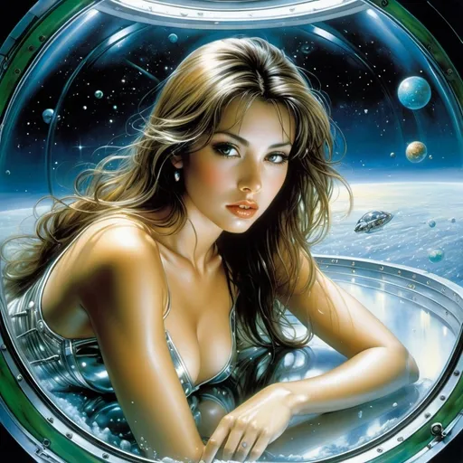 Prompt: Luis Royo, Hajime Sorayama.
An ultra-detailed full-length image of a beautiful girl, with a perfect figure, straight brown hair, lying in a greenish liquid under glass in a cryogenic capsule of a spaceship. in the background: a large panoramic porthole, glowing sensors, space, stars, planets. greenish twilight, mysterious atmosphere.