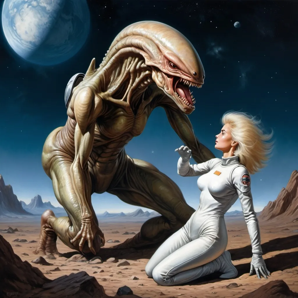 Prompt: image in the style of Boris Vallejo. A photorealistic HD alien monster with an armored scaly body, out of a desire to get to know each other better, grabs a female astronaut with a perfect body, in a light jumpsuit torn at the back, with disheveled hair, as she tries to crawl away from him.  rocky landscape, broken habitable module, night sky with large stars. detailed masterpiece.