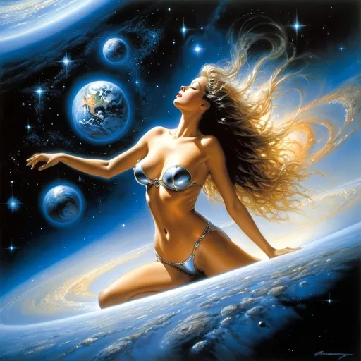 Prompt: Super art by Boris Vallejo, Luis Royo, Hajime Sorayama. a girl with a perfect figure floats gracefully in the vacuum of space, surrounded by a tapestry of stars, with the curvature of the Earth on the horizon. natural light. detailed masterpiece.