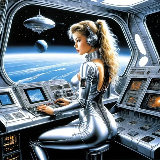 Prompt: Luis Royo, Hajime Sorayama.              science fiction theme. a girl in a steel spacesuit with a perfect figure operating high-tech equipment such as screens and controls of a spaceship. Her back is facing the viewer, showing the design of her costume and her pose while working on the console. In the background is a view of outer space from a ship window. High-quality fantasy illustration.  detailed masterpiece.  image style  anime and manga art