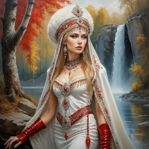 Prompt: image in the style of Boris Vallejo and Luis Royo.
in full length: a Russian beauty in a Russian kokoshnik, decorated with a pattern of pearls and precious stones, a light cape and red pointed boots. against the backdrop of a small lake with a waterfall in the forest. detailed oil painting.