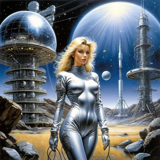 Prompt: Luis Royo, Hajime Sorayama. Blonde woman in a steel, tight metal spacesuit: perfect figure, open face, straight brown hair, stands in front of a scientific and technological installation with various components and wires of a space station with an energy emitter on top.  rocks and pond on one side. alien landscape, starry night. high-quality illustration in fantasy style, space, stars, planets, rocky landscape. Dramatic atmosphere. detailed masterpiece