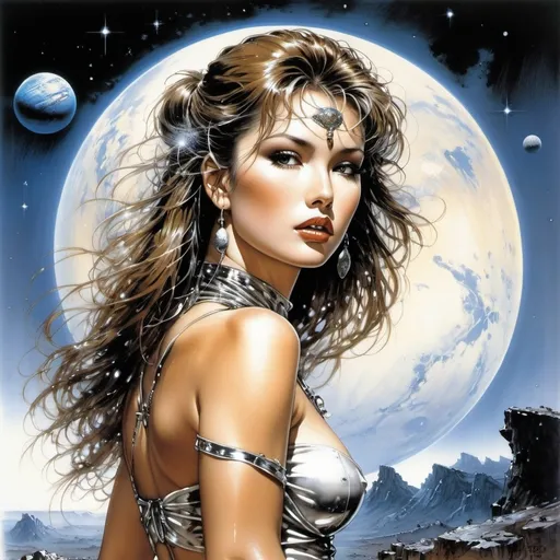 Prompt: Luis Royo, Hajime Sorayama. Ultra-detailed full-length portrait of a beautiful female bacchae, high-quality illustration in the post-apocalyptic style of Yoji Shinkawa, dynamic pose, perfect figure, open face, straight brown hair. in the background there is space, stars, planets, rocky landscape. Dramatic atmosphere, global illumination.