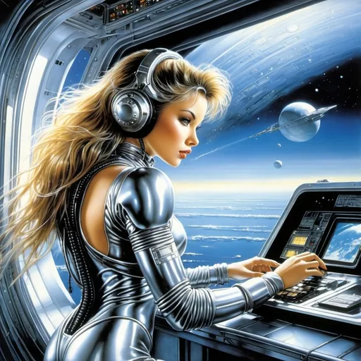 Prompt: Luis Royo, Hajime Sorayama.              science fiction theme. a girl in a steel spacesuit with a perfect figure operating high-tech equipment such as screens and controls of a spaceship. Her back is facing the viewer, showing the design of her costume and her pose while working on the console. The background shows a view of outer space from a ship window. High-quality fantasy illustration.  detailed masterpiece