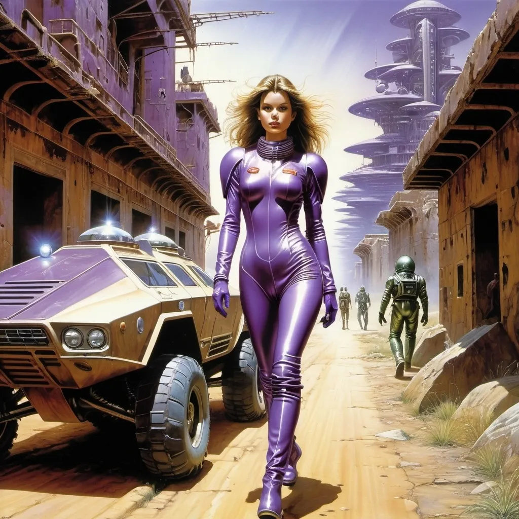 Prompt: Carol Buck, Hajime Sorayama, Luis Royo.
An image of a 20-year-old woman with a slender figure and long brown hair, wearing a purple steel spacesuit, walking down the street of an ancient abandoned city of an alien civilization. in the background: a large wheeled all-terrain vehicle. greenish light. detailed masterpiece