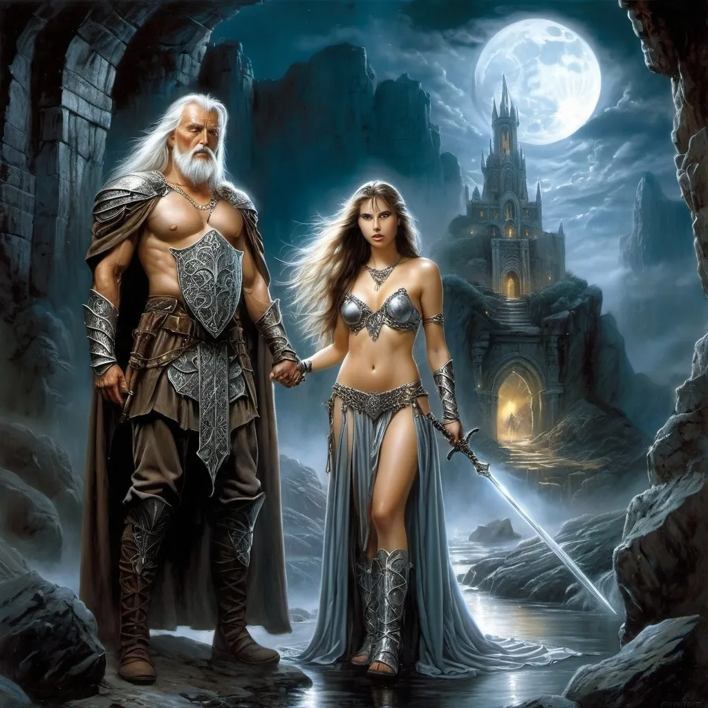 Prompt: image in the style of Luis Royo, Boris Vallejo.
Full-length image: a beautiful 18-year-old warrior girl with long brown hair, dressed in light chain mail, stands next to an elderly wizard dressed in a silver-embroidered cloak, holding a staff in her hand. in a rocky gorge next to the ruins of an elven castle.  the night sky illuminated by the moon peeking out from behind the clouds. fantasy art, dark, mysterious atmosphere.  detailed masterpiece.