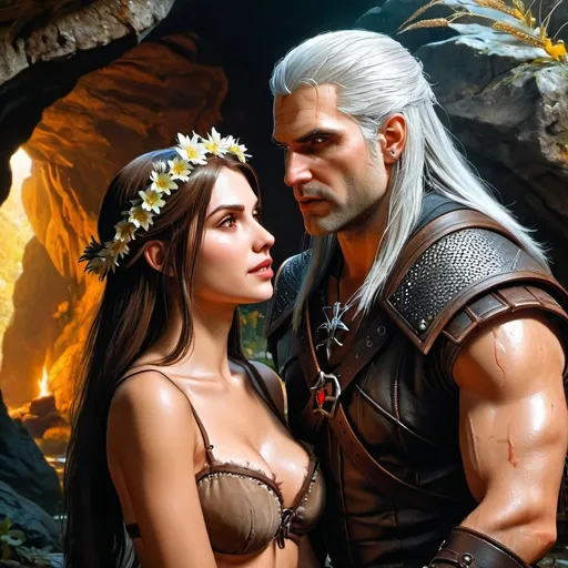 Prompt:  The Witcher Geralt is talking to a very beautiful succubus girl with a perfect body. The girl has long brown hair and a wreath of flowers on her head. In the background: a cave in the rock, dried herbs hanging on the walls. detailed masterpiece. high quality oil painting