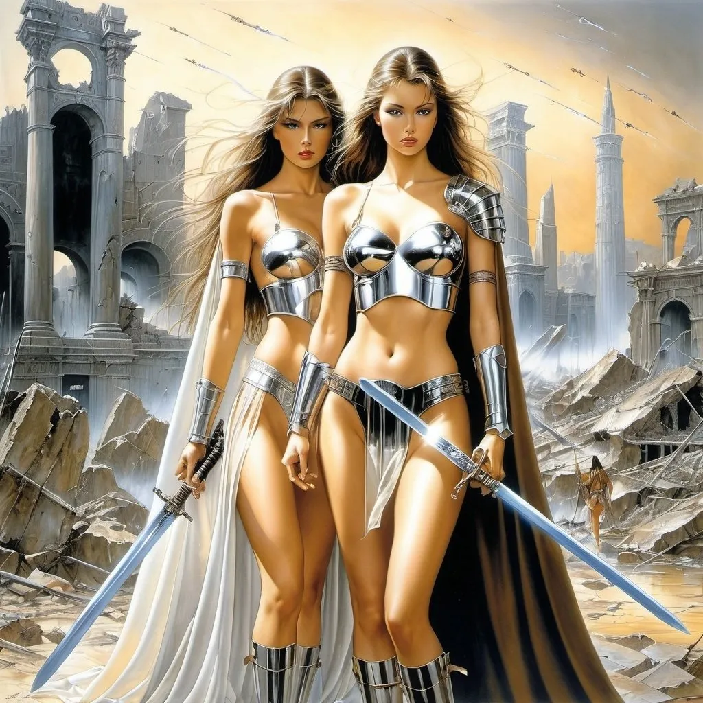 Prompt: Hajime Sorayama, Luis Royo, Surrealism.  two are very beautiful  
 Amazons with long brown hair and perfect bodies in light transparent capes. with shields and sabers in hands. against the backdrop of a destroyed ancient city.