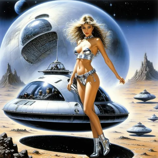 Prompt: Luis Royo, Hajime Sorayama.
Surrealism, fantasy. Surreal science fiction. A beautiful girl with a perfect body flies on a futuristic hovercraft over the craters and rocky surface of the planet. space, stars. detailed masterpiece