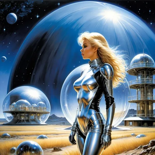 Prompt: Luis Royo, Hajime Sorayama.
A blonde in a steel, tight-fitting metal spacesuit walks past the fantastic glass protective domes of the residential modules. alien landscape,   
Starlight Night.  high-quality illustration in fantasy style, 
perfect figure, open face, straight brown hair. in the background there is space, stars, planets, rocky landscape. Dramatic atmosphere. detailed masterpiece