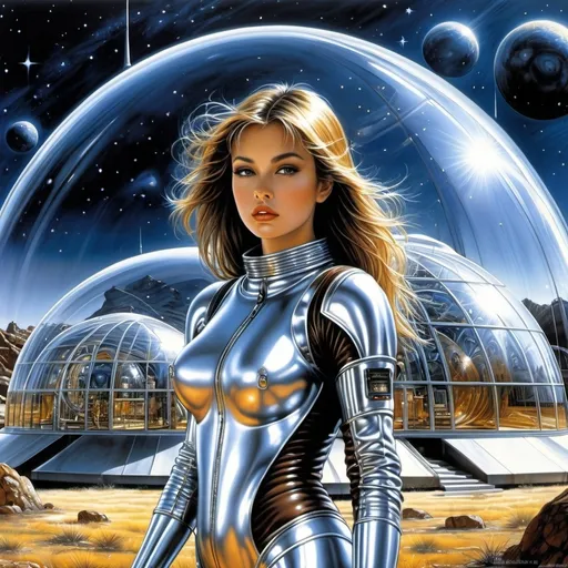 Prompt: Luis Royo, Hajime Sorayama.              a girl in a steel-fitting metal spacesuit walks past the fantastic glass protective domes of the residential modules. alien landscape, starry night. high-quality illustration in fantasy style, ideal figure, open face, straight brown hair. in the background there is space, stars, planets, rocky landscape. Dramatic atmosphere. detailed masterpiece