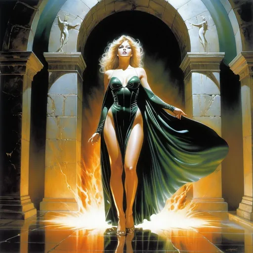 Prompt: Carol Buck, Hajime Sorayama, Luis Royo.
Fantasy style illustration. close-up: the ghostly figure of a beautiful girl with a perfect figure. She is wearing a dark transparent cape. she stands in a dramatic pose, with her arm outstretched, as if reaching for something invisible while in the center of a fiery pentogram drawn on the floor. In the background is the dark, ominous greenish lighting of a stone crypt.