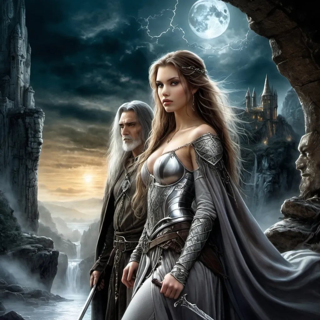 Prompt: image in the style of Luis Royo.
A depiction of two characters: a beautiful 18-year-old warrior girl with long brown hair, dressed in light chain mail, and an elderly wizard dressed in a silver-embroidered cloak. In the wizard's hand is a staff with a luminous top. in a rocky gorge next to the ruins of an elven castle.  the night sky illuminated by the moon peeking out from behind the clouds. fantasy art, dark, mysterious atmosphere.  detailed masterpiece.