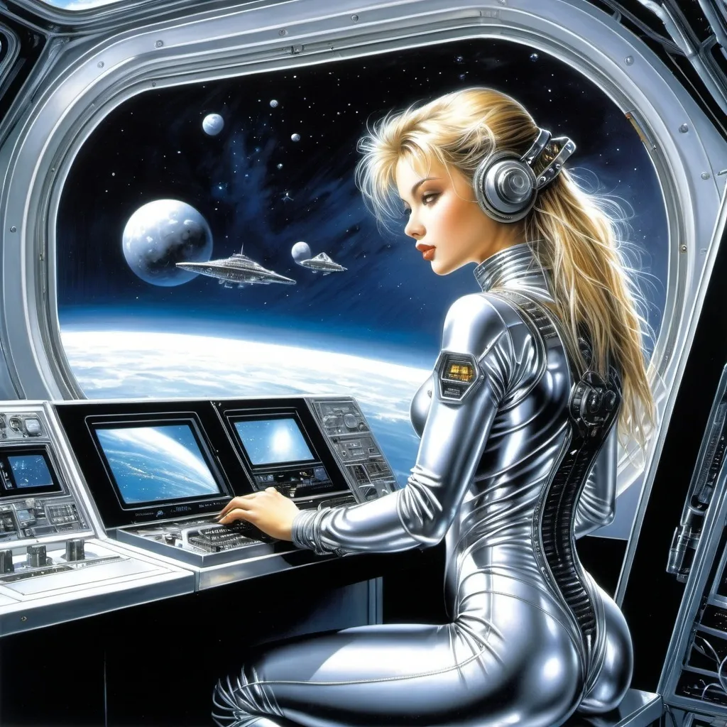 Prompt: Luis Royo, Hajime Sorayama.              science fiction theme. a girl in a steel spacesuit with a perfect figure operating high-tech equipment such as screens and controls of a spaceship. Her back is facing the viewer, showing the design of her costume and her pose while working on the console. In the background is a view of outer space from a ship window. High-quality fantasy illustration.  detailed masterpiece.  image style  anime and manga art