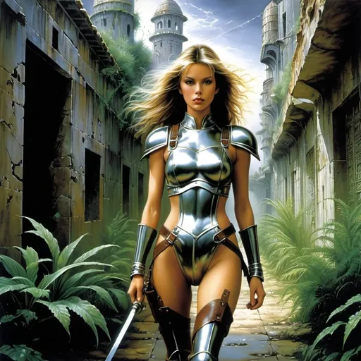 Prompt: Carol Buck, Hajime Sorayama, Luis Royo.
An image of a 20-year-old woman with a slender figure and long brown hair, wearing a steel-colored cuirass, walking along an empty street of an ancient abandoned city of an alien civilization with unusual architecture. in the background: cracks in the walls, overgrown with fantastic plants, darkness, dark starry sky, green light. detailed masterpiece