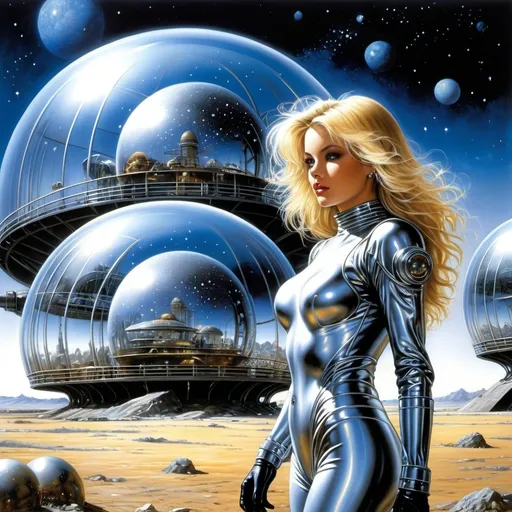 Prompt: Luis Royo, Hajime Sorayama.
A blonde in a steel, tight-fitting metal spacesuit walks past the fantastic glass protective domes of the residential modules. alien landscape,   
Starlight Night.  high-quality illustration in fantasy style, 
perfect figure, open face, straight brown hair. in the background there is space, stars, planets, rocky landscape. Dramatic atmosphere. detailed masterpiece