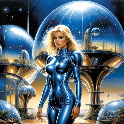 Prompt: Luis Royo, Hajime Sorayama.
A blonde woman in a steel, tight-fitting metallic blue space suit walks past the fantastic glass protective domes of the residential modules. alien landscape,   
Starlight Night.  high-quality illustration in fantasy style, 
perfect figure, open face, straight brown hair. in the background there is space, stars, planets, rocky landscape. Dramatic atmosphere. detailed masterpiece