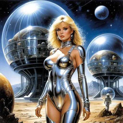 Prompt: Luis Royo, Hajime Sorayama.
A blonde in a steel, tight-fitting metal spacesuit walks past the fantastic glass protective domes of the residential modules. alien landscape,   
Starlight Night.  high-quality illustration in fantasy style, 
perfect figure, open face, straight brown hair. in the background there is space, stars, planets, rocky landscape. Dramatic atmosphere. detailed masterpiece