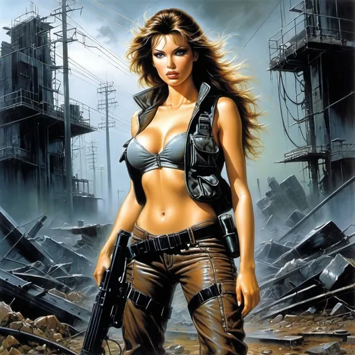 Prompt: Super art by Boris Vallejo, Luis Royo, Hajime Sorayama.
a beautiful girl with a perfect figure, with long brown hair, dressed in post-apocalyptic clothes, a tactical vest, a backpack, a pistol holster on her hip, in the middle of a gloomy landfill, construction debris, iron barrels.  
dimly glowing anomalies, power line masts with broken wires and thunderous electrical discharges, black tree trunks. a masterpiece in sci-fi futuristic style.  
greenish lighting.  high quality digital painting