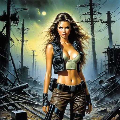 Prompt: Super art by Boris Vallejo, Luis Royo, Hajime Sorayama.
a beautiful girl with a perfect figure, with long brown hair, dressed in post-apocalyptic clothes, a tactical vest, a backpack, in the middle of a gloomy landfill, construction debris, iron barrels.  
dimly glowing anomalies, power line masts with broken wires and thunderous electrical discharges, black tree trunks. a masterpiece in sci-fi futuristic style.  
greenish lighting.  high quality digital painting