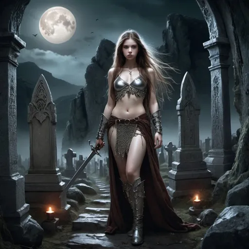 Prompt: image in the style of Luis Royo. Full-length image: a beautiful 18-year-old warrior girl with a perfect body and long brown hair, dressed in light chain mail, walks at night through an old and gloomy elven cemetery in a rocky gorge, illuminated by a large crimson moon. Cracked sculptures covered in moss, bats in the night sky. fantasy art, gloomy, depressive atmosphere. perfect face. detailed masterpiece.