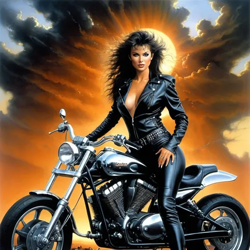Prompt: image in the style of Luis Royo, Boris Vallejo.
Post-apocalyptic 1980s movie poster, female biker, chrome motorcycle parts, dramatic sunset, retro 80s vibe, confident facial expression, leather bodysuit, perfect composition, hyper realistic, super detailed full body concept art, oil painting