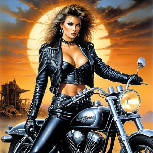 Prompt: image in the style of Luis Royo, Boris Vallejo.
Post-apocalyptic 1980s movie poster, close-up: female biker, chrome motorcycle parts, dramatic sunset, retro 80s vibe, confident expression, leather mini skirt, high lace-up boots, riveted gloves. perfect composition, super detailed concept art, oil painting