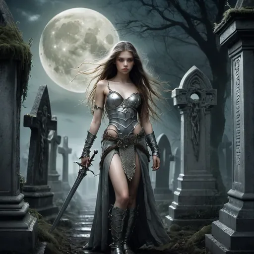 Prompt: image in the style of Luis Royo. Full-length image: a beautiful 18-year-old warrior girl with a perfect body and long brown hair, dressed in light chain mail, walks at night through an old and gloomy elven cemetery, illuminated by a large moon. Cracked sculptures of angels are covered with moss, and climbing plants grow from the cracks. fantasy art, gloomy, depressive atmosphere. perfect face. detailed masterpiece.