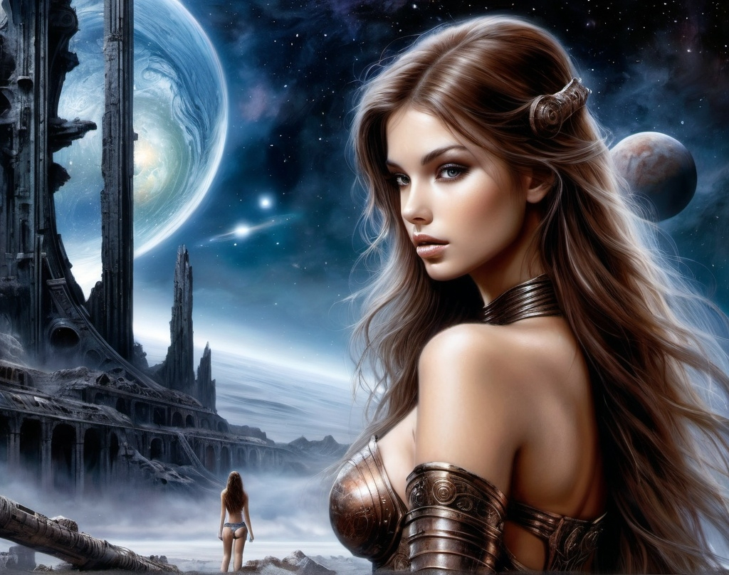 Prompt: image in the style of Luis Royo. A full-length image of a beautiful 18-year-old girl with a perfect body, with long brown hair, standing next to the ruins of an interplanetary station that suffered from a man-made disaster. planets and stars. fantasy art, perfect face, detailed image. background: deep space, northern lights. detailed masterpiece.