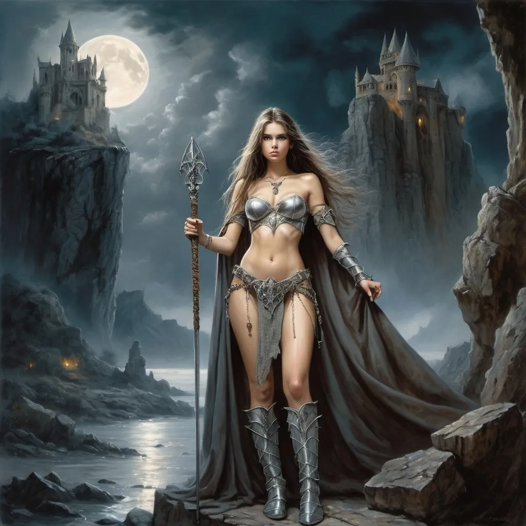 Prompt: image in the style of Luis Royo, Boris Vallejo.
Full-length image: a beautiful 18-year-old warrior girl with long brown hair, dressed in light chain mail, stands next to an elderly wizard dressed in a silver-embroidered cloak, holding a staff in her hand. in a rocky gorge next to the ruins of an elven castle.  the night sky illuminated by the moon peeking out from behind the clouds. fantasy art, dark, mysterious atmosphere.  detailed masterpiece.