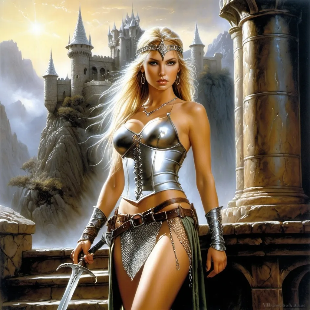 Prompt: image in the style of Luis Royo, Boris Vallejo.
A full-length image of a beautiful girl with a perfect body, in a shiny chain mail vest, with a metal hoop on her head, stands leaning on the hilt of a sword on the steps of an elven castle with sharp high spiers. rocky landscape. mystical atmosphere. detailed masterpiece