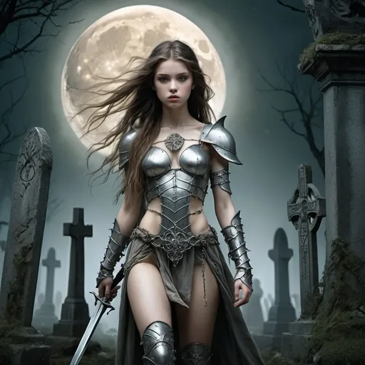 Prompt: image in the style of Luis Royo. Full-length image: a beautiful 18-year-old warrior girl with a perfect body and long brown hair, dressed in light chain mail, walks at night through an old and gloomy elven cemetery, illuminated by a large moon. Cracked sculptures of angels are covered with moss, and climbing plants grow from the cracks. fantasy art, gloomy, depressive atmosphere. perfect face. detailed masterpiece.