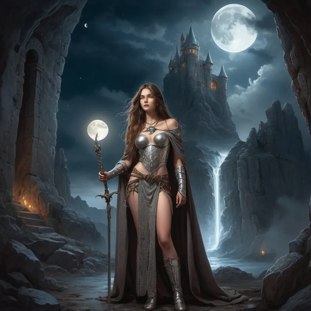 Prompt: image in the style of Boris Vallejo.
Full-length image: a beautiful 18-year-old warrior girl with long brown hair, dressed in light chain mail, stands next to an elderly sorcerer dressed in a silver-embroidered cloak, holding a staff in his hand. in a rocky gorge next to the ruins of an elven castle.  the night sky illuminated by the moon peeking out from behind the clouds. fantasy art, dark, mysterious atmosphere.  detailed masterpiece.