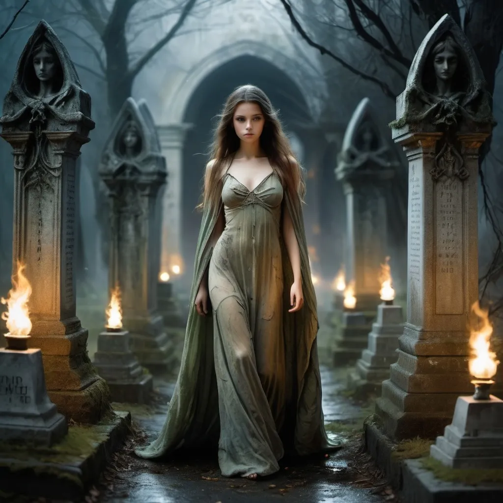 Prompt: image in the style of Luis Royo. Full-length image: a beautiful 18-year-old girl with a perfect body and long brown hair, dressed in a light cape, walks at night through an old and gloomy elven cemetery, illuminating the path with a flame burning on her open palm. cracked sculptures of angels are covered with moss, and climbing plants grow from the cracks. fantasy art, gloomy, depressive atmosphere. perfect face. detailed masterpiece.