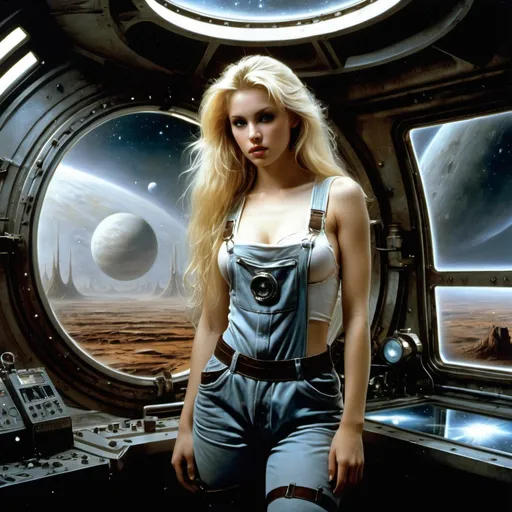 Prompt: image in the style of Boris Vallejo, Luis Royo.
An image of a 20-year-old woman with a perfect open body and long blonde hair, wearing an old, torn overalls pulled down to her waist. She stands in a dark and gloomy biological laboratory of an interplanetary station. in the background: a large rectangular panoramic porthole with a view into space, control panels, greenish backlighting. detailed masterpiece.