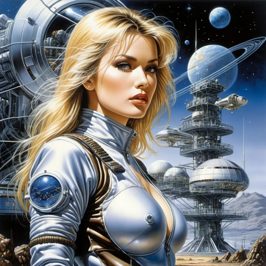 Prompt: Luis Royo, Hajime Sorayama. Blonde woman in a steel, tight metal spacesuit: perfect figure, open face, straight brown hair, stands in front of a scientific and technological installation with various components and wires of a space station with an energy emitter on top.  rocks and pond on one side. alien landscape, starry night. high-quality illustration in fantasy style, space, stars, planets, rocky landscape. Dramatic atmosphere. detailed masterpiece