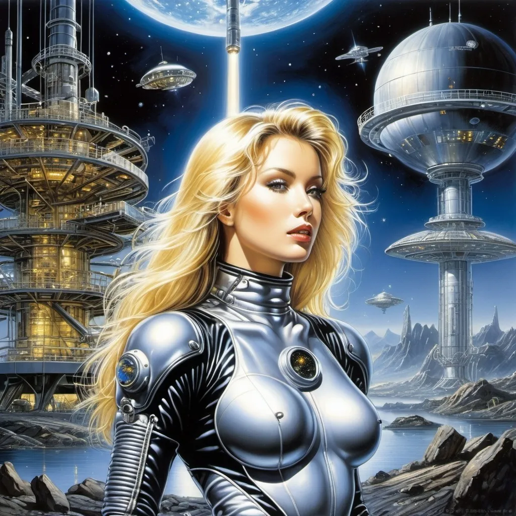 Prompt: Luis Royo, Hajime Sorayama. Blonde woman in a steel, tight metal spacesuit: perfect figure, open face, straight brown hair, stands in front of a scientific and technological installation with various components and wires of a space station with an energy emitter on top.  rocks and pond on one side. alien landscape, starry night. high-quality illustration in fantasy style, space, stars, planets, rocky landscape. Dramatic atmosphere. detailed masterpiece