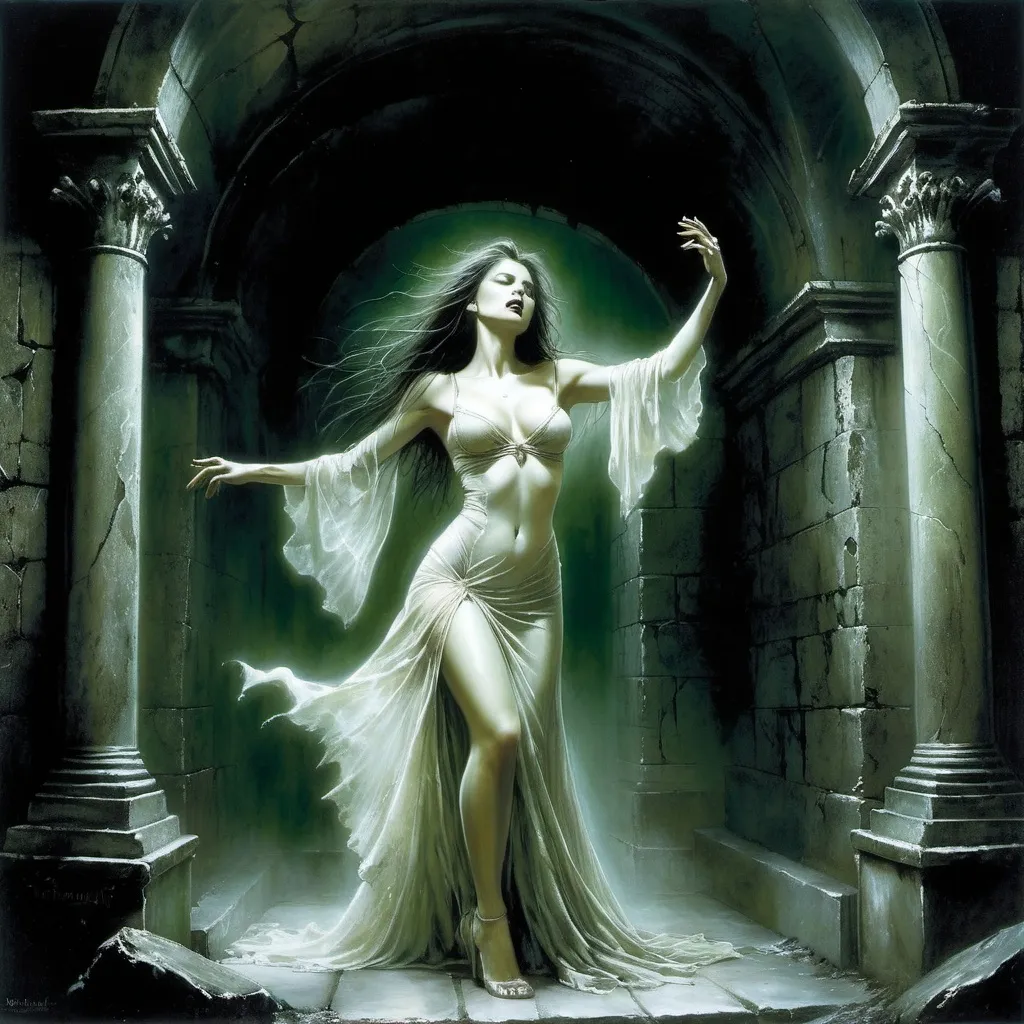 Prompt: Luis Royo.
Fantasy style illustration: a ghostly sinister figure of a beautiful girl with a pale ghostly look and a perfect figure. She is dressed in dark and torn rags. She is depicted in a dramatic pose, with her arm outstretched, as if reaching for something invisible. Demonic look. In the background there is a dark, ominous greenish lighting of the stone crypt, adding to the eerie atmosphere of the image.