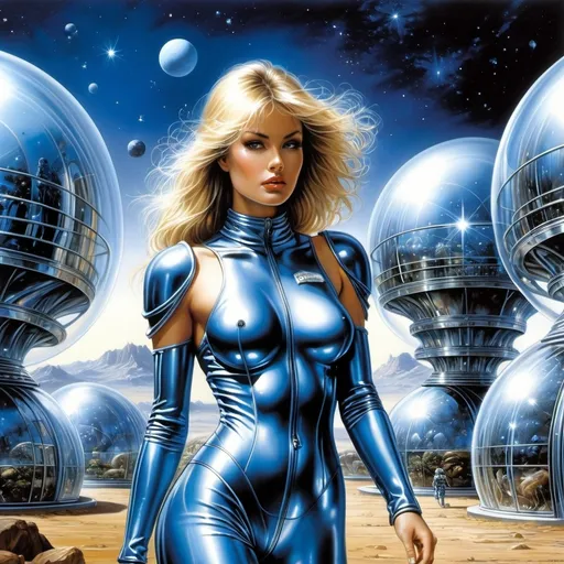 Prompt: Luis Royo, Hajime Sorayama.
A blonde woman in a steel, tight-fitting metallic blue space suit walks past the fantastic glass protective domes of the residential modules. alien landscape,   
Starlight Night.  high-quality illustration in fantasy style, 
perfect figure, open face, straight brown hair. in the background there is space, stars, planets, rocky landscape. Dramatic atmosphere. detailed masterpiece