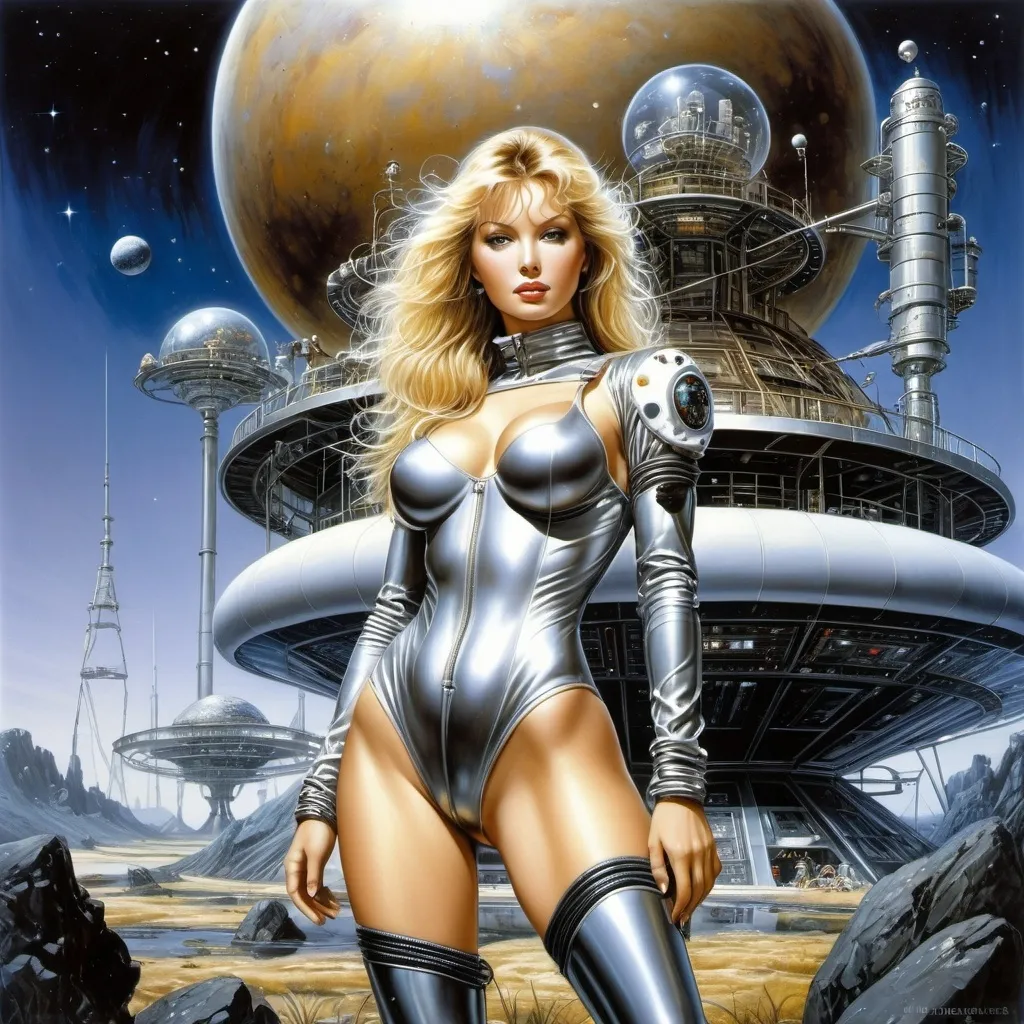 Prompt: Luis Royo, Hajime Sorayama. Blonde woman in a steel, tight metal spacesuit: perfect figure, open face, straight brown hair, stands in front of a scientific and technological installation with various components and wires of a space station with an energy emitter on top.  rocks and pond on one side. alien landscape, starry night. high-quality illustration in fantasy style, space, stars, planets, rocky landscape. Dramatic atmosphere. detailed masterpiece