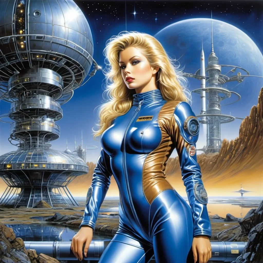 Prompt: Luis Royo, Hajime Sorayama. Blonde woman in a steel, tight-fitting metallic blue spacesuit: perfect figure, open face, straight brown hair, stands in front of a scientific technological installation with various components and wires of a space station with an energy emitter at the top.  rocks and pond on one side. alien landscape, starry night. high-quality illustration in fantasy style, space, stars, planets, rocky landscape. Dramatic atmosphere. detailed masterpiece