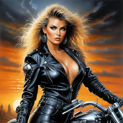 Prompt: image in the style of Luis Royo, Boris Vallejo.
Post-apocalyptic 1980s movie poster, close-up: female biker, chrome motorcycle parts, dramatic sunset, retro 80s vibe, confident expression, leather bodysuit with metal studs, high lace-up boots, riveted gloves. perfect composition, super detailed concept art, oil painting