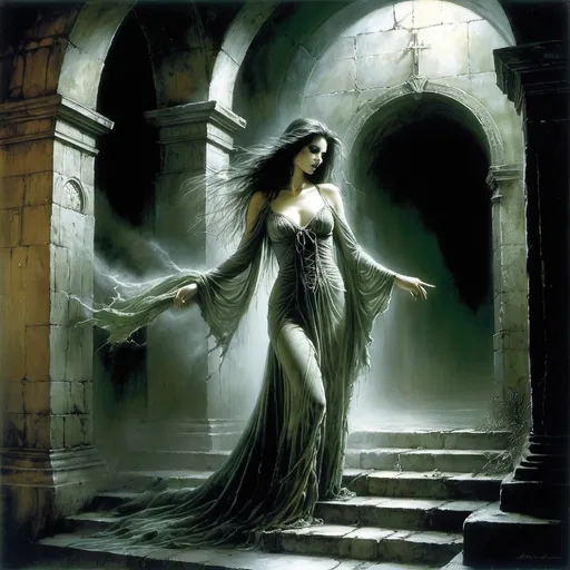 Prompt: Luis Royo.
Fantasy style illustration: a ghostly sinister figure with a pale, ghostly look. She is dressed in dark, worn and torn rags. The ghost is depicted in a dramatic pose, with an outstretched arm as if reaching for something invisible and an eerie smile on his beautiful face. In the background there is a dark, ominous greenish lighting of the stone crypt, adding to the eerie atmosphere of the image.