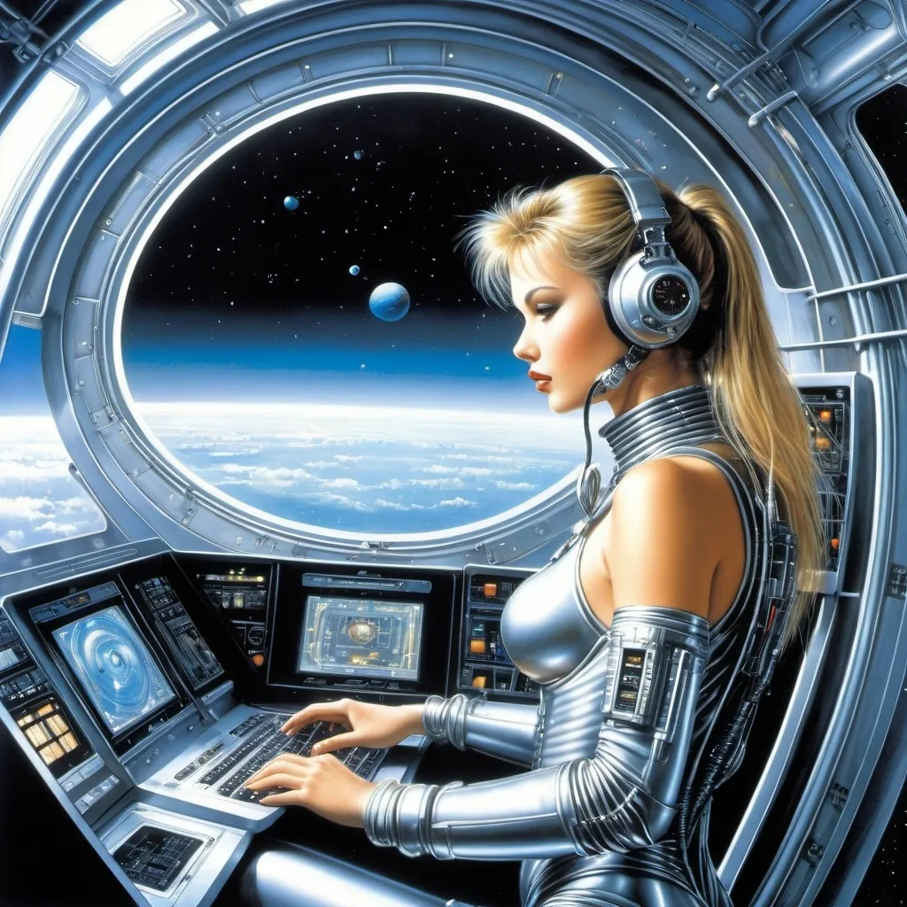 Prompt: Luis Royo, Hajime Sorayama.              science fiction theme. a girl in a steel spacesuit with a perfect figure operating high-tech equipment such as screens and controls of a spaceship. Her back is facing the viewer, showing the design of her costume and her pose while working on the console. The background shows a view of outer space from a ship window. High-quality fantasy illustration.  detailed masterpiece