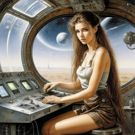 Prompt: Luis Royo.
An image of a 20-year-old female spaceship mechanic with a slender figure and long brown hair, wearing a small apron and repairing something on a control panel. in the background: large 
panoramic rectangular porthole with a view of space, futuristic control panels, greenish lighting. oil painting