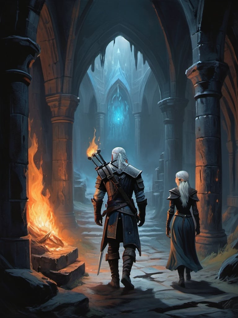 Prompt: the witcher Geralt from Rivia, together with a fair-haired sorceress, walk through gloomy elven dungeons and a bluish flame glows in the girl’s palm. The dungeons themselves are illuminated by rare torches on the walls, slightly dispelling the ominous gloom. style: oil painting